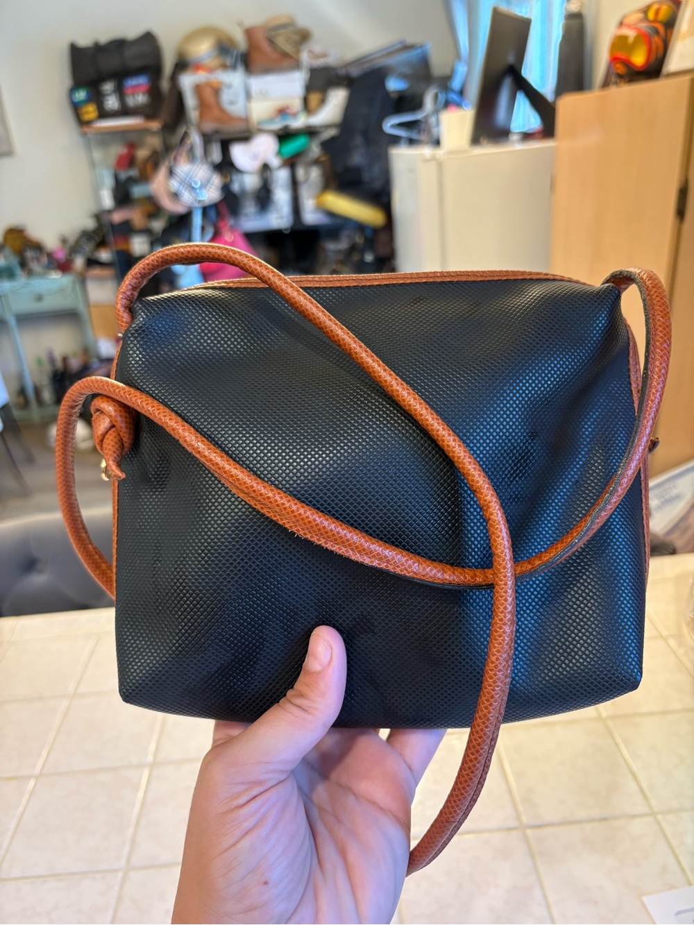 Bottega Veneta Black Crossbody Bag with Brown Strap